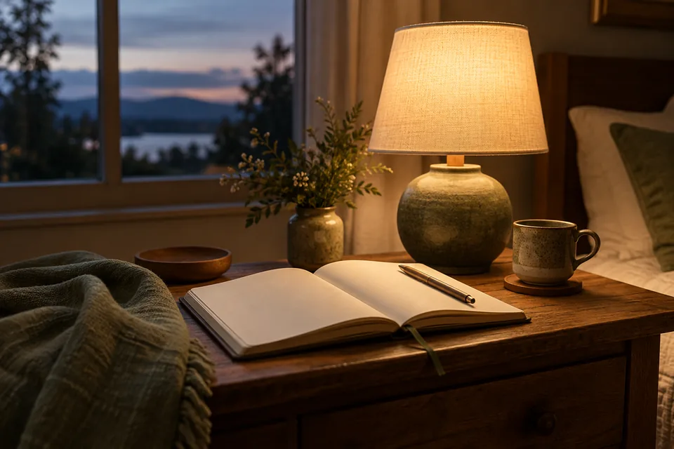 An open journal and pen beside a softly lit lamp at dusk