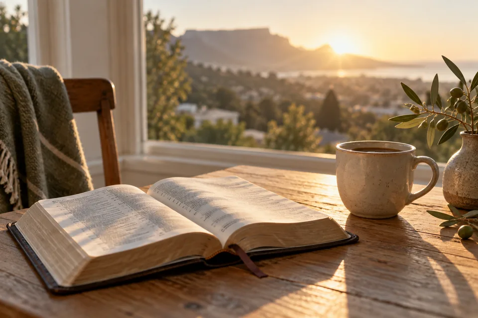 An open Bible and ceramic coffee cup in warm morning light