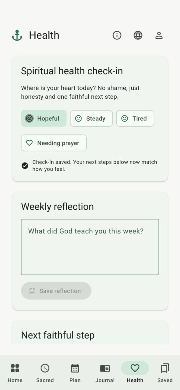 Daily Anchor Spiritual Health check-in and weekly reflection screen