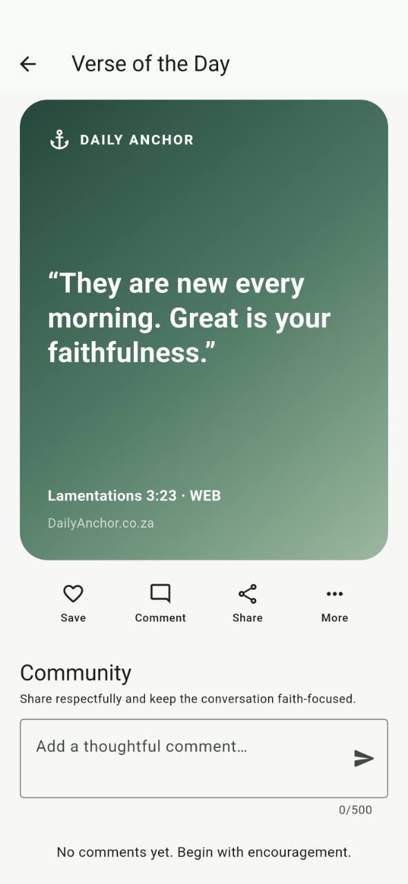 Daily Anchor Verse of the Day screen with save, comment and share actions